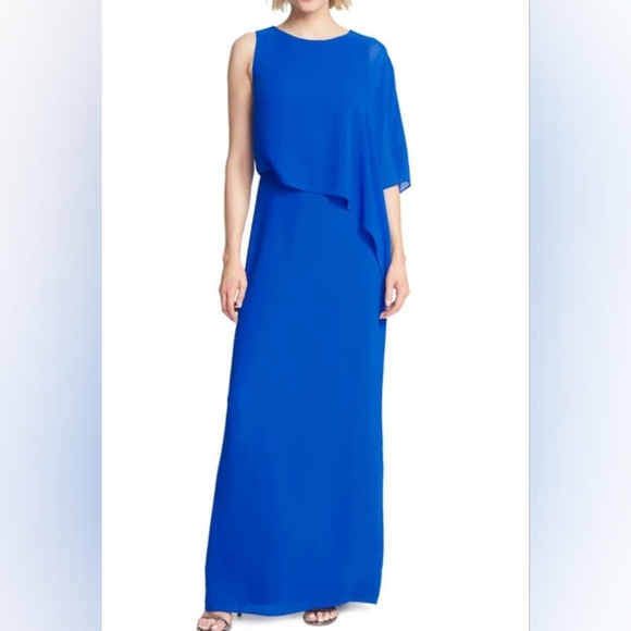 NWT Halston Heritage Asymmetrical Overlay Gown Dress in Lapis Blue 2 - Picture 1 of 11